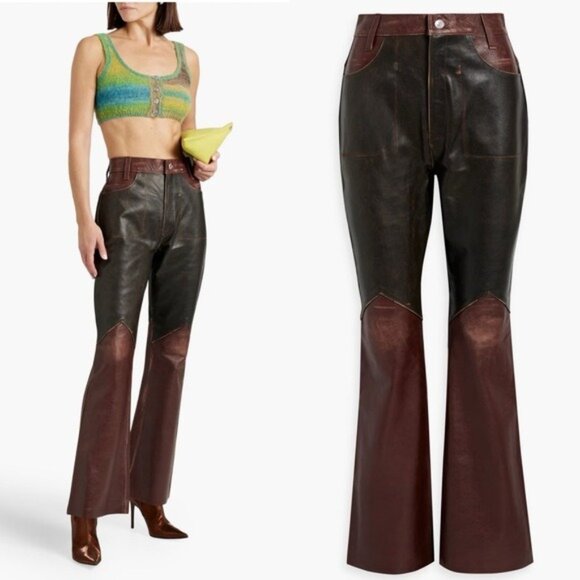 NEW RE/DONE Two Tone Leather Flared Pants 26 Brown Western Vintage High Rise - Picture 1 of 12